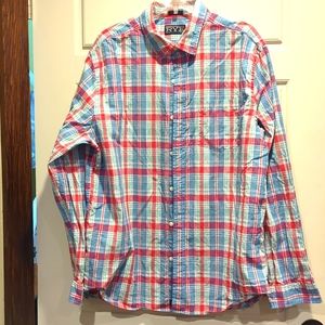 Blue green red white plaid shirt